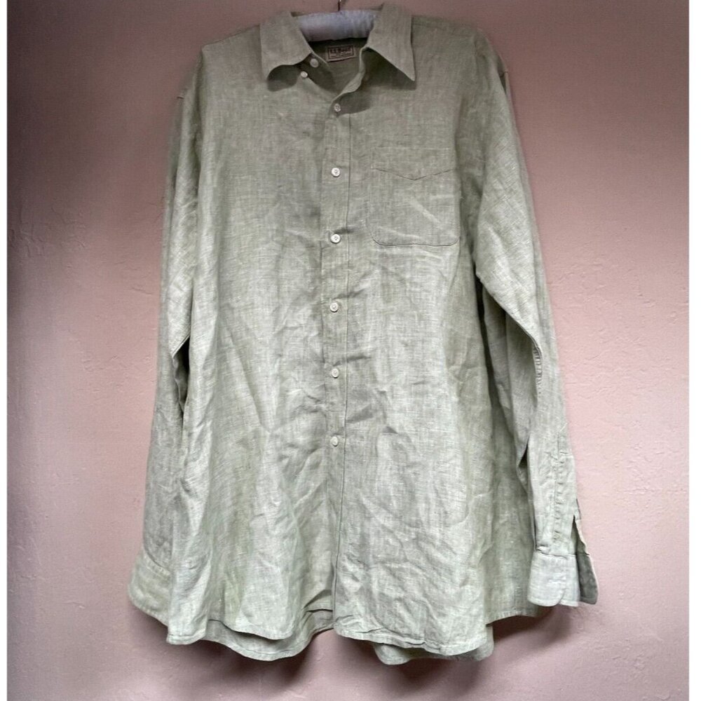 L.L. Bean Men Casual Long Sleeve Shirt Large Button Down 100% Linen Green Pocket